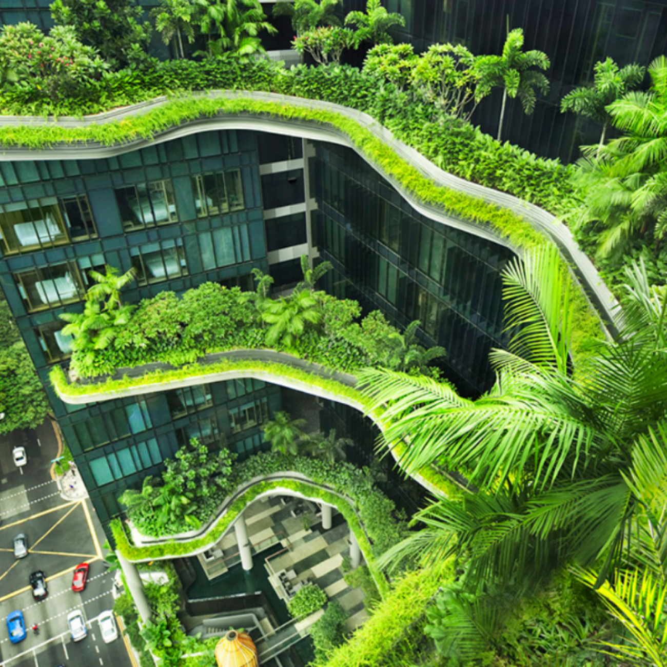 The Parkroyal Collection Pickering, in Singapore, is a "green" hotel, designed with naturally ventilated corridors, solar-powered irrigation, rain water retention and sun shading.