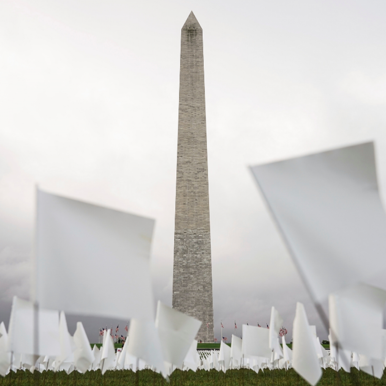 White flags placed across 20 acres of the National Mall represent Americans who have died of COVID-19. The Washington Monument stands in the distance, in Washington, D.C., September 2021. 