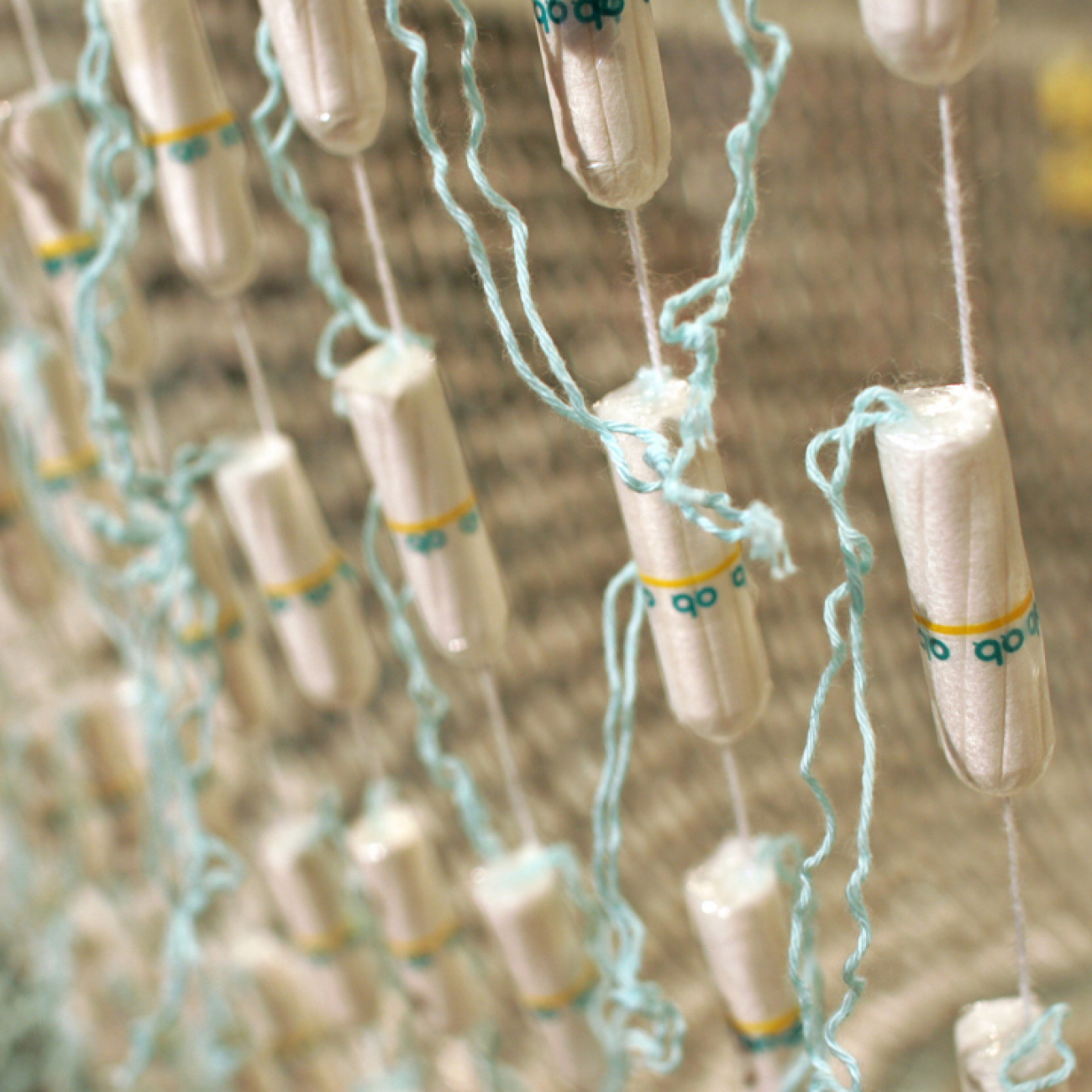 A chandelier made of hundreds of tampons entitled "The Bride" and created by Portuguese artist Joana Vasconcelos.