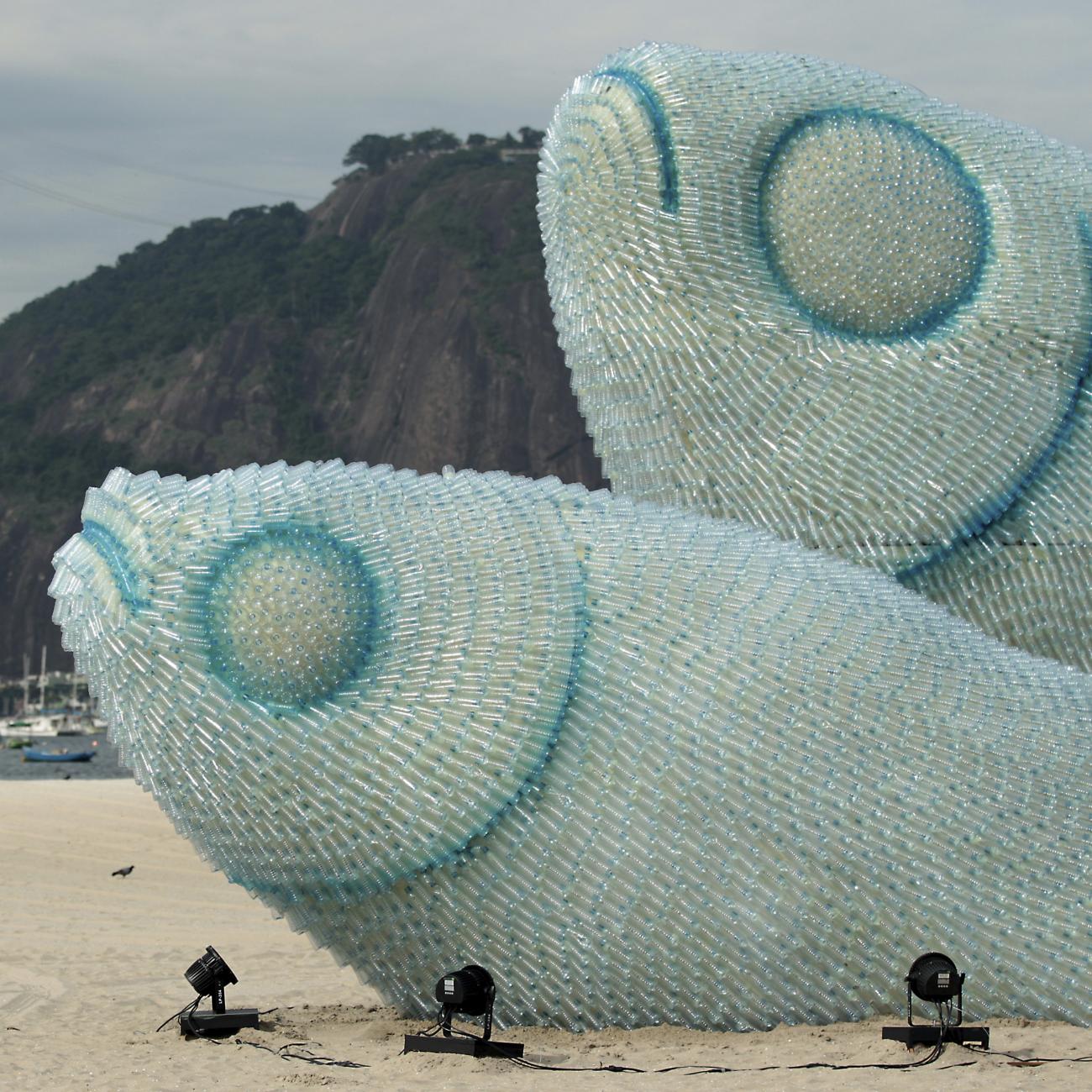 Giant fish made with plastic bottles are exhibited at Botafogo beach, in Rio de Janeiro June 19, 2012. 