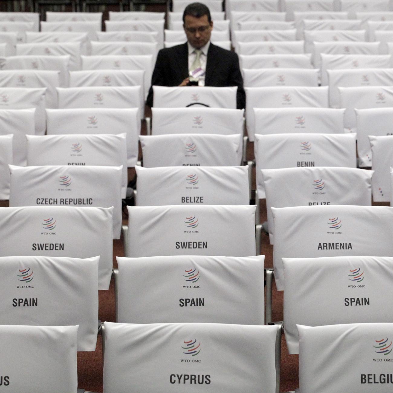 Names of countries taking part to the 8th World Trade Organization Ministerial Conference are pictured taped onto rows of chairs for delegates, in Geneva, Switzerland, on December 15, 2011.