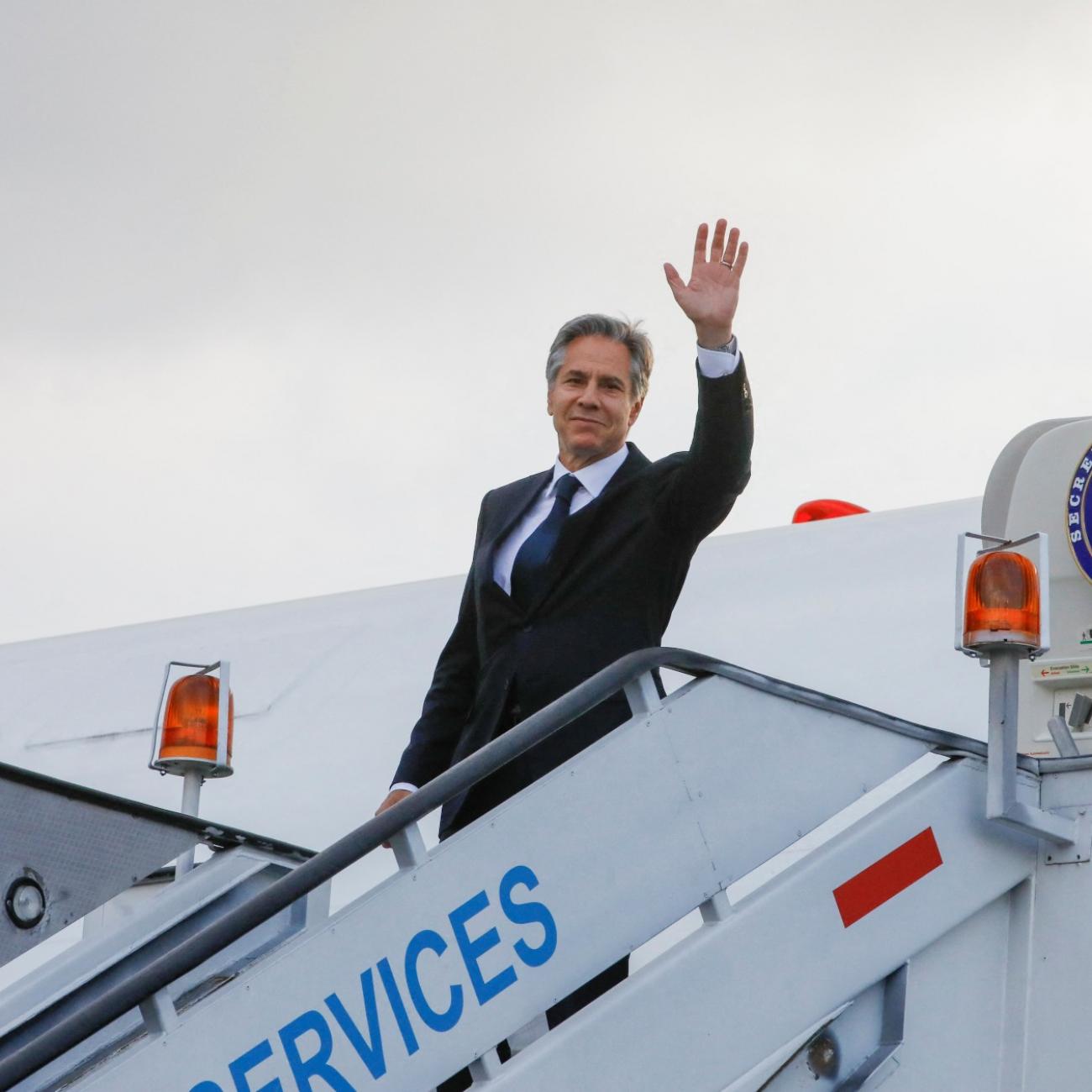 U.S. Secretary of State Antony Blinken waves as he departs from Benito Juarez International Airport after attending a U.S.-Mexico High-Level Economic Dialogue, in Mexico City, Mexico September 12, 2022.