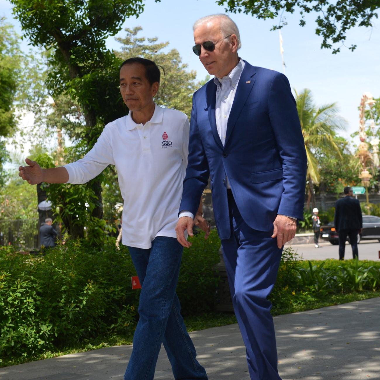 Indonesian President Joko Widodo welcomes U.S. President Joe Biden on the second day of the G20 Indonesia Summit events at the Ngurah Rai Forest Park, Denpasar, Bali, Indonesia, on November 16, 2022.