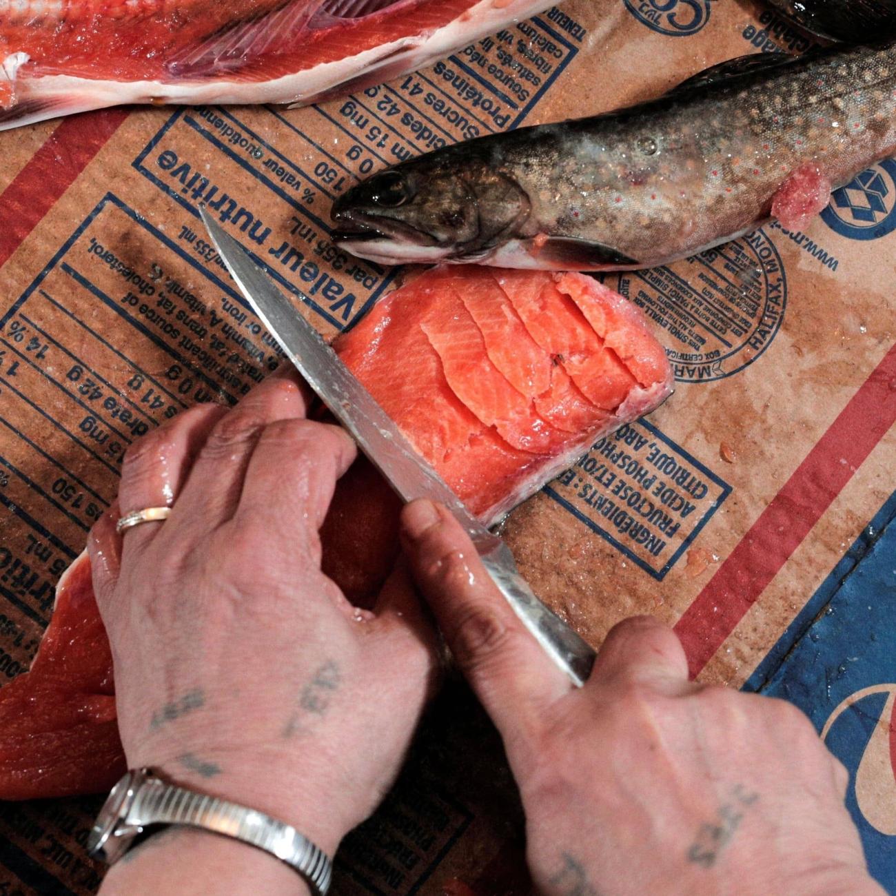 Katie Winters, 54, scores Arctic char to make pitsik (dried fish), at her home in Nain, Newfoundland and Labrador, Canada, April 20, 2022. REUTERS/Melissa Renwick