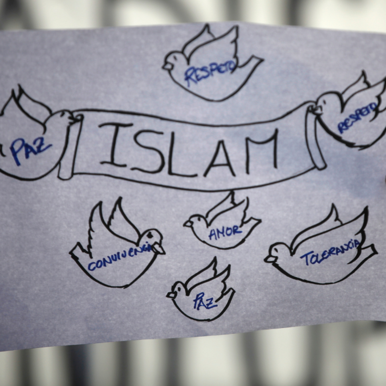 A girl holds a sign on a white piece of paper at a rally against Islamophobia in Madrid, Spain, January 2015. The words on the birds say, "Peace, Respect, Love, Tolerance, and Coexistence.”