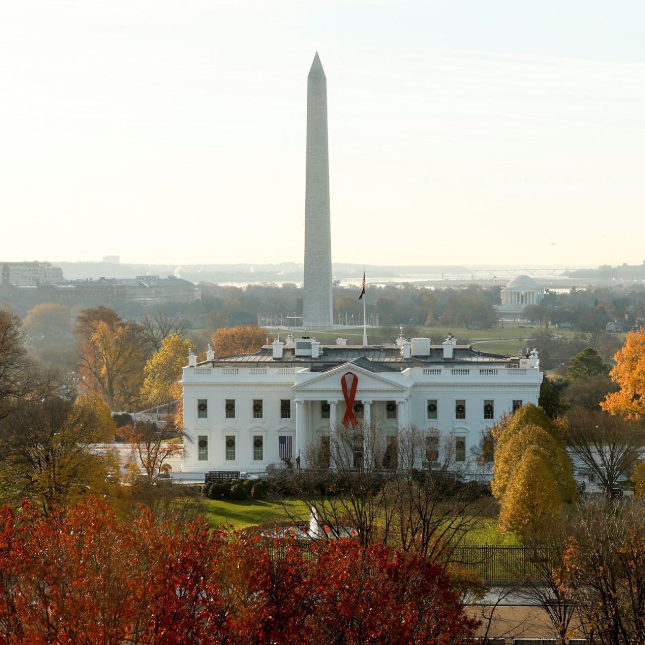 a red ribbon marks World AIDS Day on the North Portico of the White House