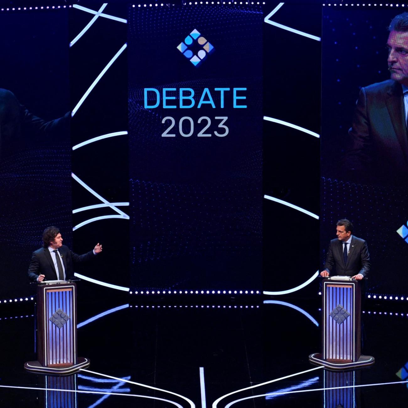 Argentina presidential candidates Sergio Massa and Javier Milei seen during the presidential debate ahead of the November 19 general election, in Buenos Aires Argentina, on November 12, 2023.