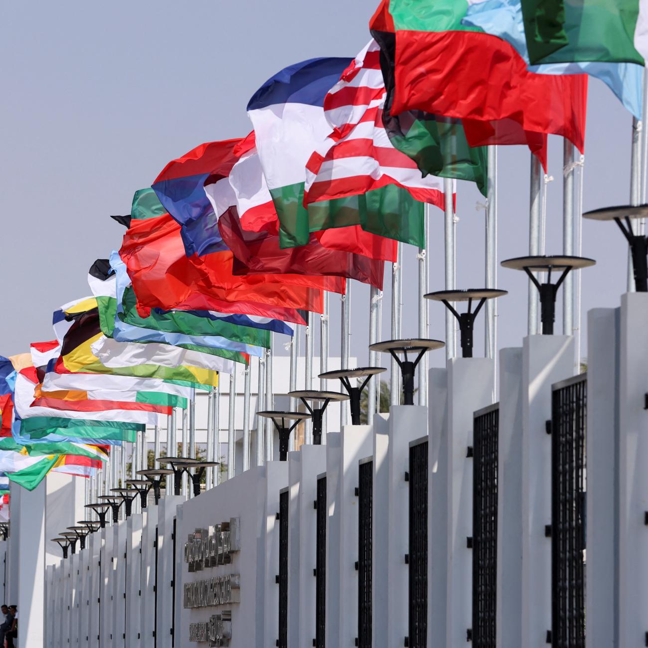 Flags of multiple countries waving.