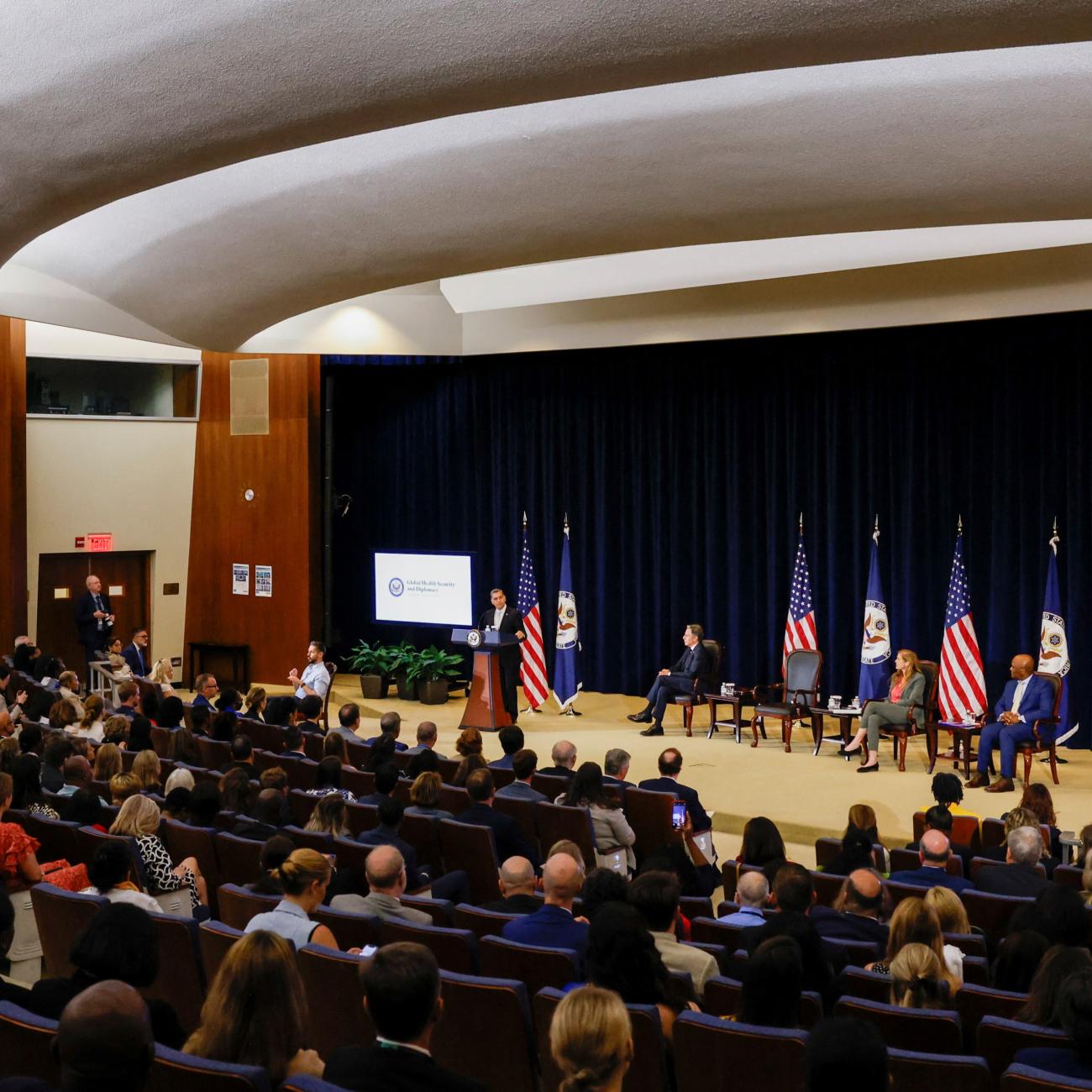 HHS Secretary Xavier Becerra delivers remarks at the launch of the Bureau of Global Health Security and Diplomacy at the State Department.