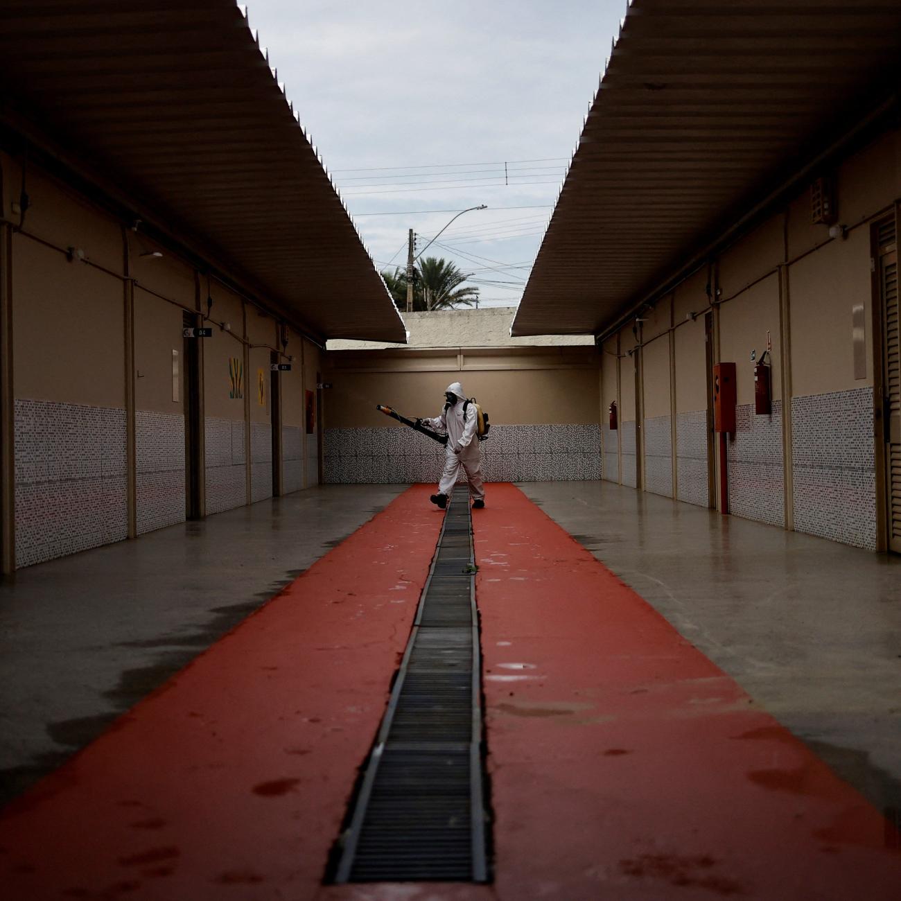 A health worker sprays insecticide to kill the Aedes aegypti mosquitos to help mitigate a dengue outbreak at a public school in Brasilia, Brazil February 16, 2024.