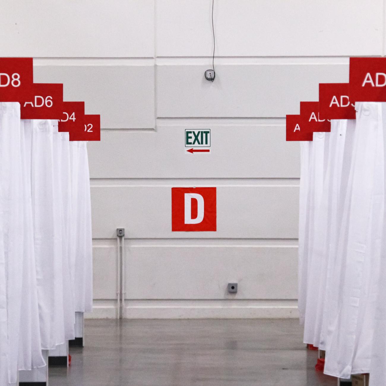 A view shows a patient floor hall of an field hospital known as an Alternate Care Facility set up at the state fair ground as cases of COVID-19 cases spike in Wisconsin on October 12, 2020.
