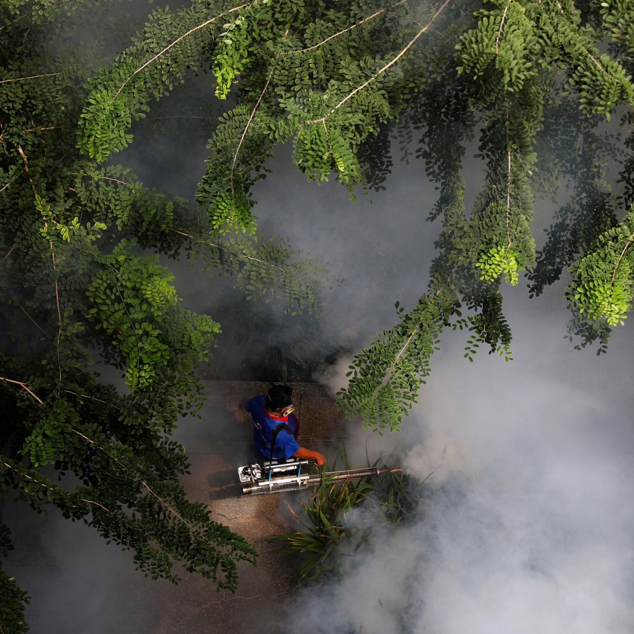 A worker fogs a housing estate for mosquitos, in Singapore, on August 27, 2020.