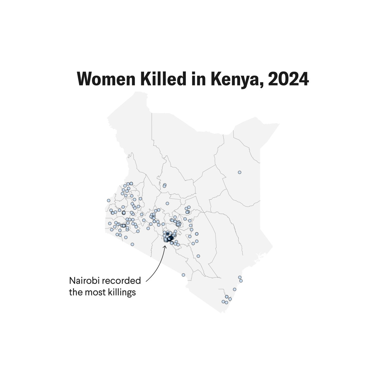 Point map showing women killed in Kenya in 2024.