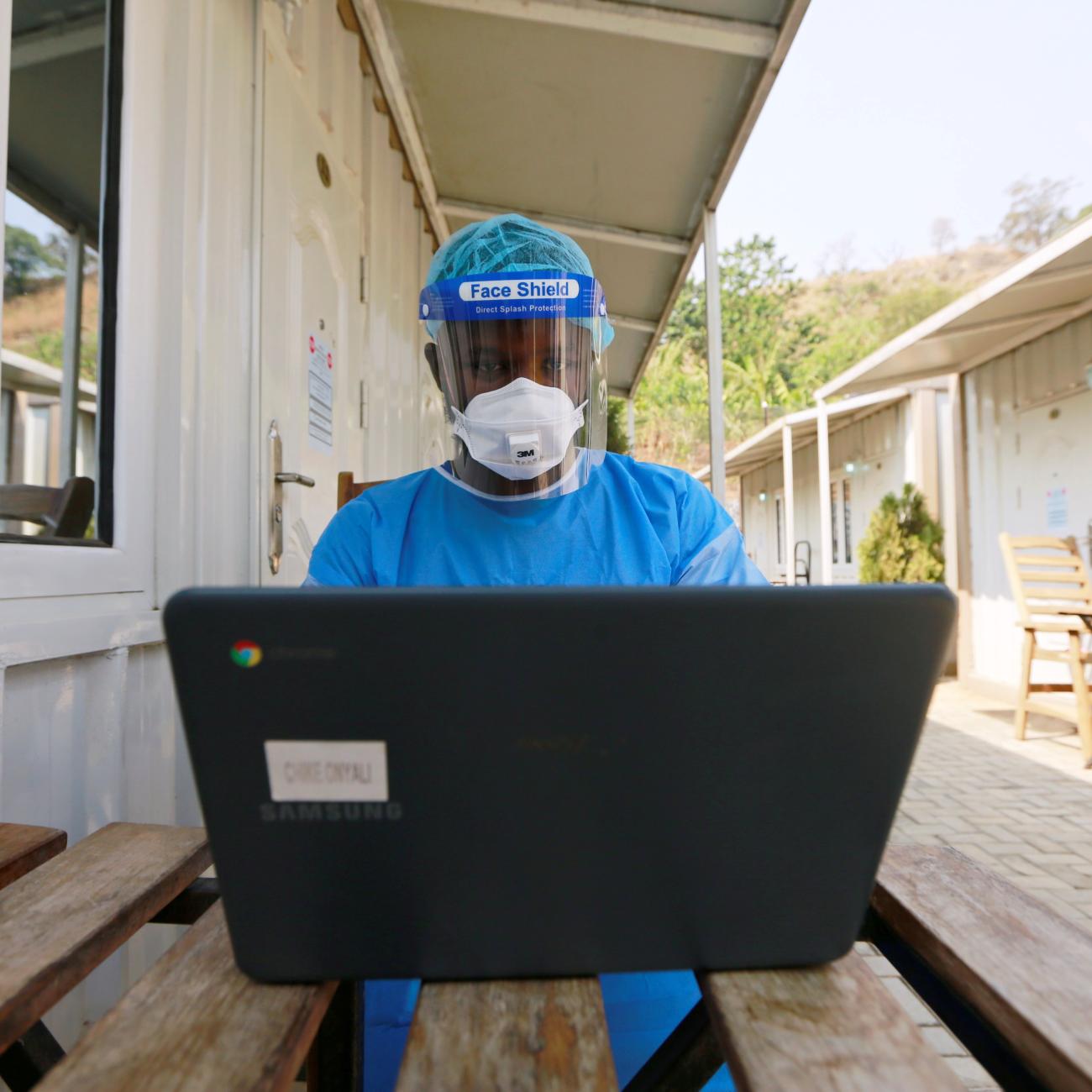 A health professional works on a computer in Abuja, Nigeria on January 14, 2021.