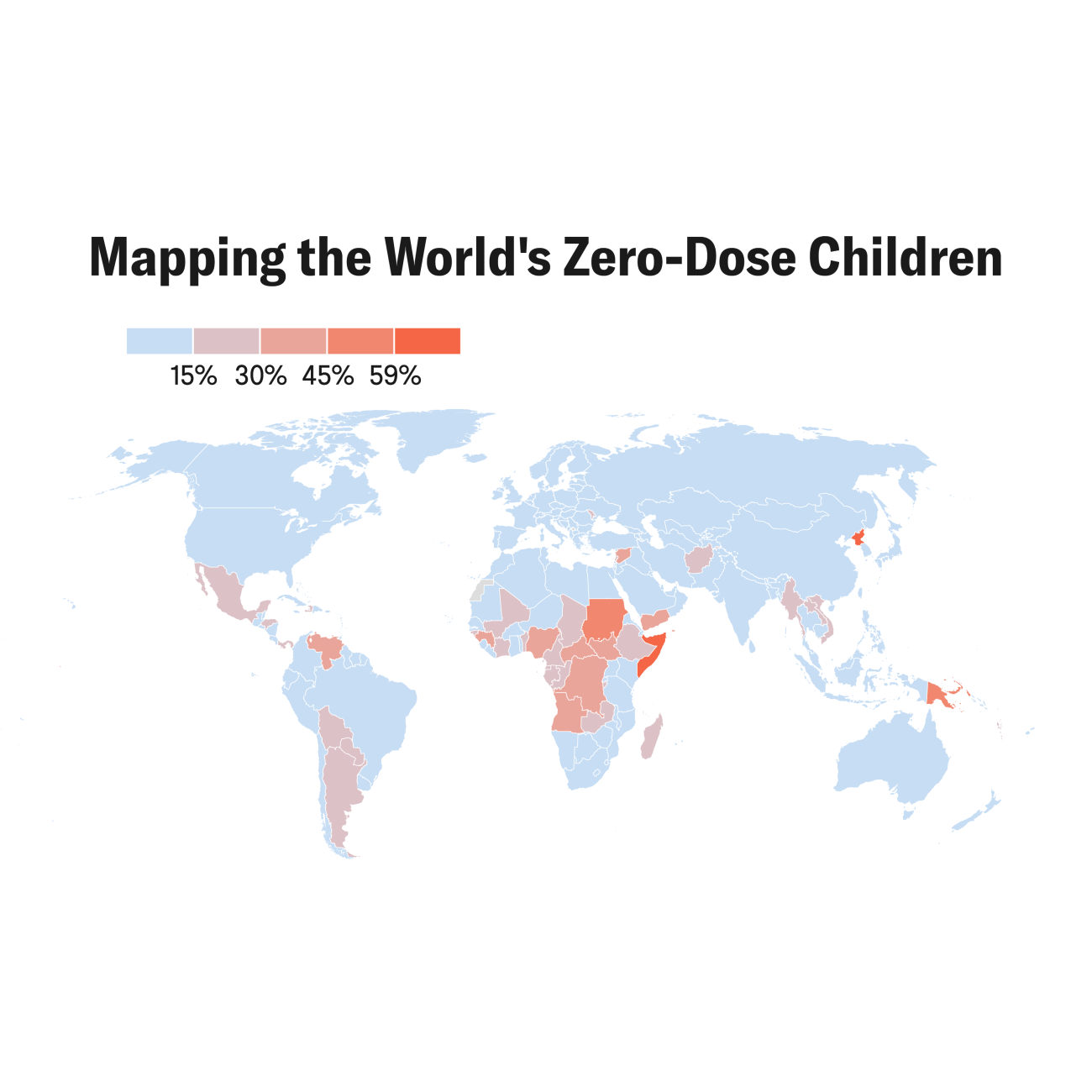 A world map titled "Mapping the World’s Zero-Dose Children" shows the proportion of children in 2023 who had never received a single vaccine dose. Countries are shaded in a gradient from light blue (15%) to dark red (59%) to indicate the percentage of unvaccinated children. Somalia is labeled, noting it had the greatest proportion of unvaccinated children in 2023. Other countries with high proportions include Haiti and Papua New Guinea. Map by CFR/Allison Krugman, source: IHME.
