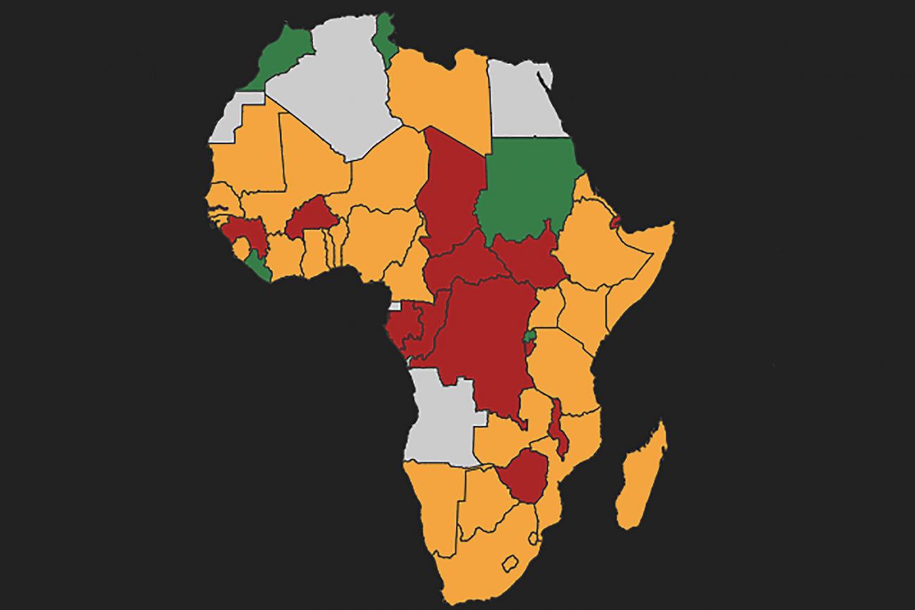 Average level of preparation of the health system capacities for responding to an infectious epidemic, as measured by Joint External Evaluations of national progress in meeting targets of the International Health Regulations. Photo shows a map of Africa with different countries colored one of four colors according to the data. GIDA/Georgetown Infectious Disease Atlas