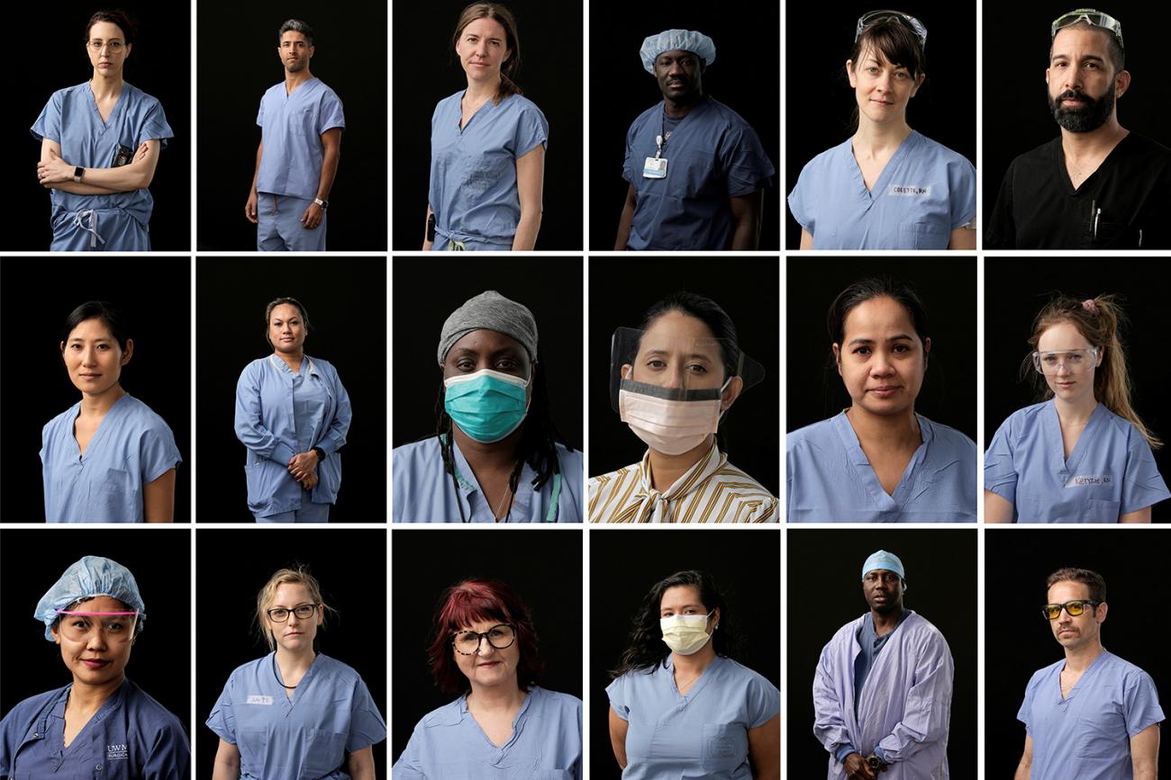 Medical staff pose for a portrait in a combination of photos at Harborview Medical Center during the coronavirus pandemic outbreak in Seattle, Washington on April 8, 2020. Picture is a composite photo with a grid of health care workers wearing scrubs. A few are wearing masks. REUTERS/David Ryder