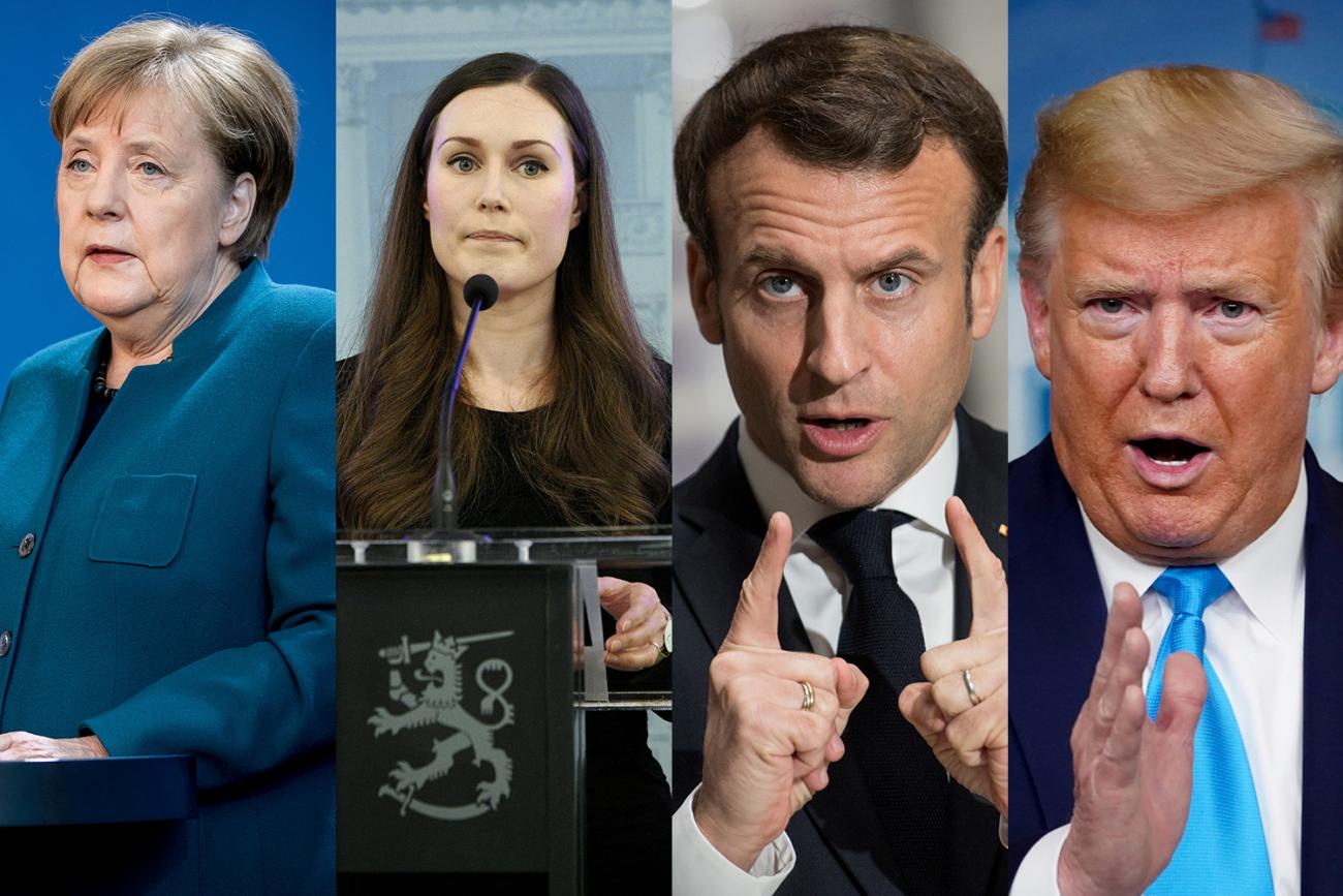 German Chancellor Angela Merkel, Finnish Prime Minister Sanna Marin, U.S. President Donald J. Trump, and French President Emmanuel Macron all giving recent press briefings on COVID-19. The composite photo shows the four leaders speaking variously at podiums in their countries. REUTERS/Michel Kappeler/Markku Ulander(Lehtikuva)/Kevin Lamarque/Loic Venance