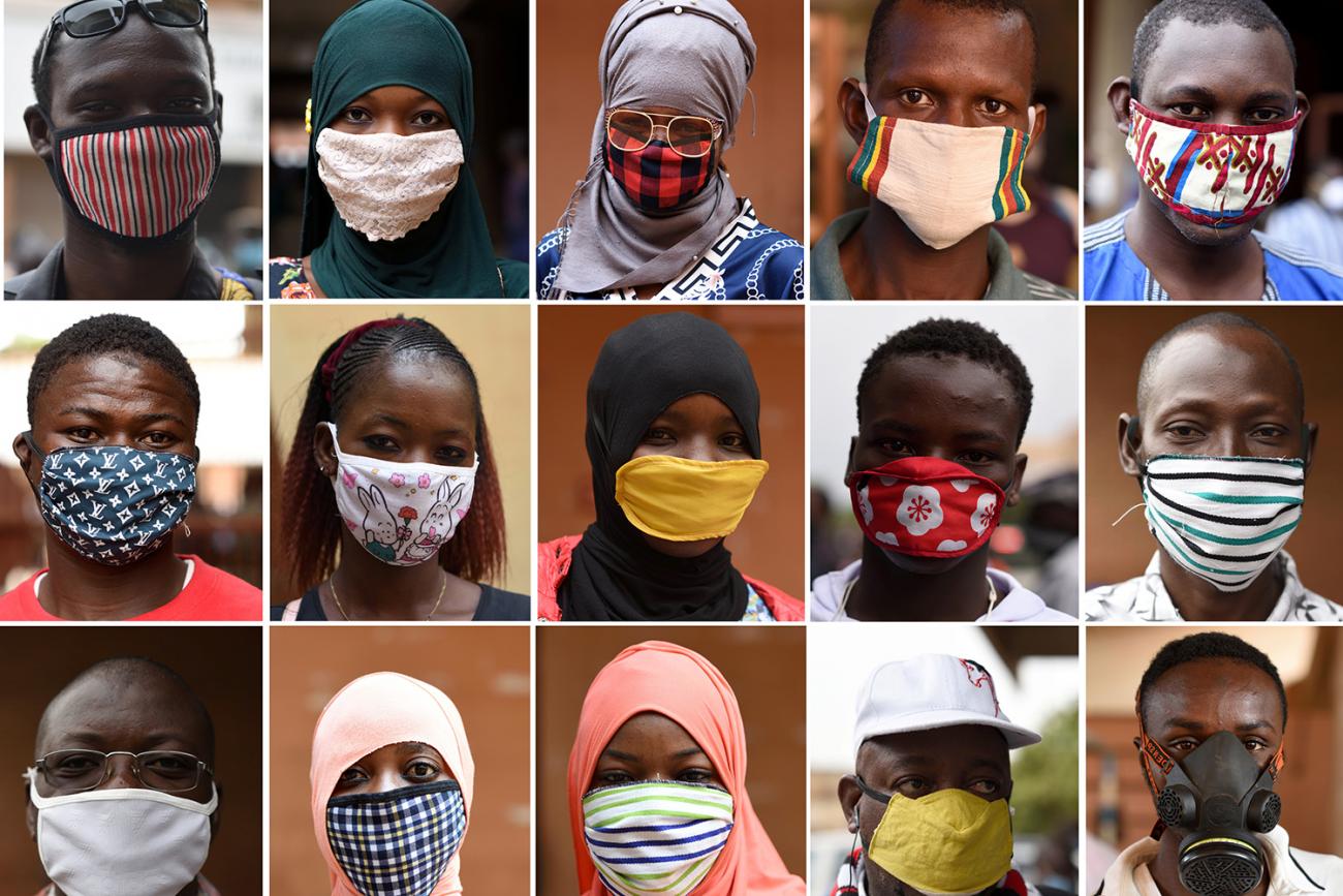 Combination of photos show people wearing face masks at the re-opening of the Rood-Wooko city central market, amid the spread of coronavirus in Ouagadougou, Burkina Faso, on April 20, 2020. The picture is a photo montage showing an array of people wearing a variety of masks. REUTERS/Anne Mimault