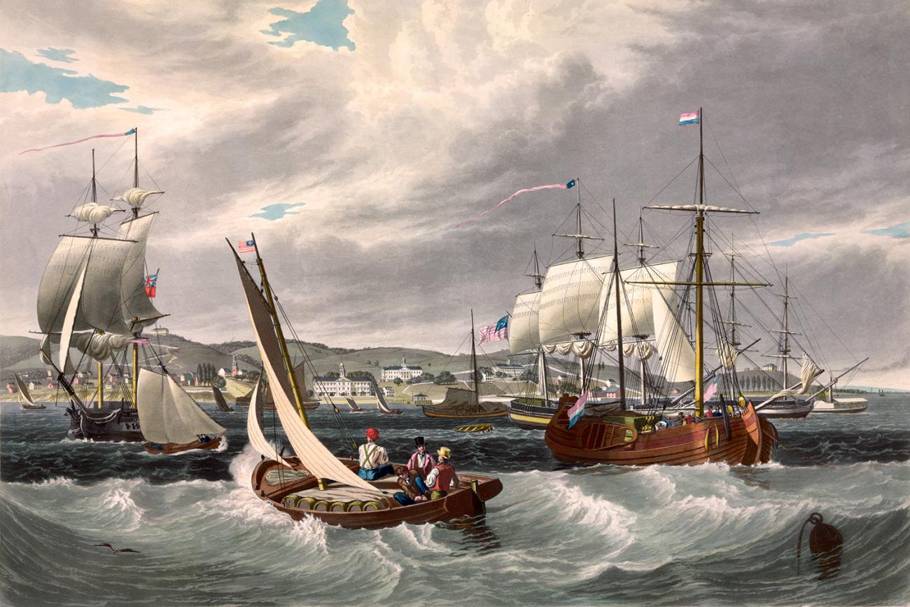 Painting of the Staten Island Quarantine Facility—built in 1799 to care for yellow fever patients, where by the 1850s all passengers from newly arrived ships with signs of a disease were quarantined. The image is an oil painting showing a bustling waterway with lots of tall ships with sails lowered and smaller vessels ferrying cargo to them. GETTY IMAGES/Keith Lance