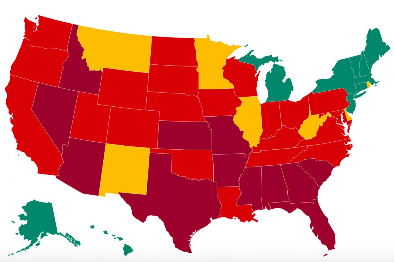 The image shows a heat map of the United States with states colored according to the higher number of tests coming back positive