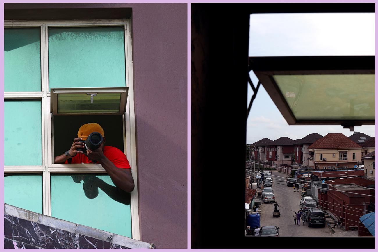 A combination picture shows Adetona Omokanye, a 29 year-old documentary photographer, taking pictures from the window of his home in Lagos, Nigeria, on May 24, 2020—along with a shot from inside. Photo is a split screen showing the photographer leaning out the window taking a picture and also a shot from inside looking out at what he was seeing. REUTERS/Temilade Adelaja