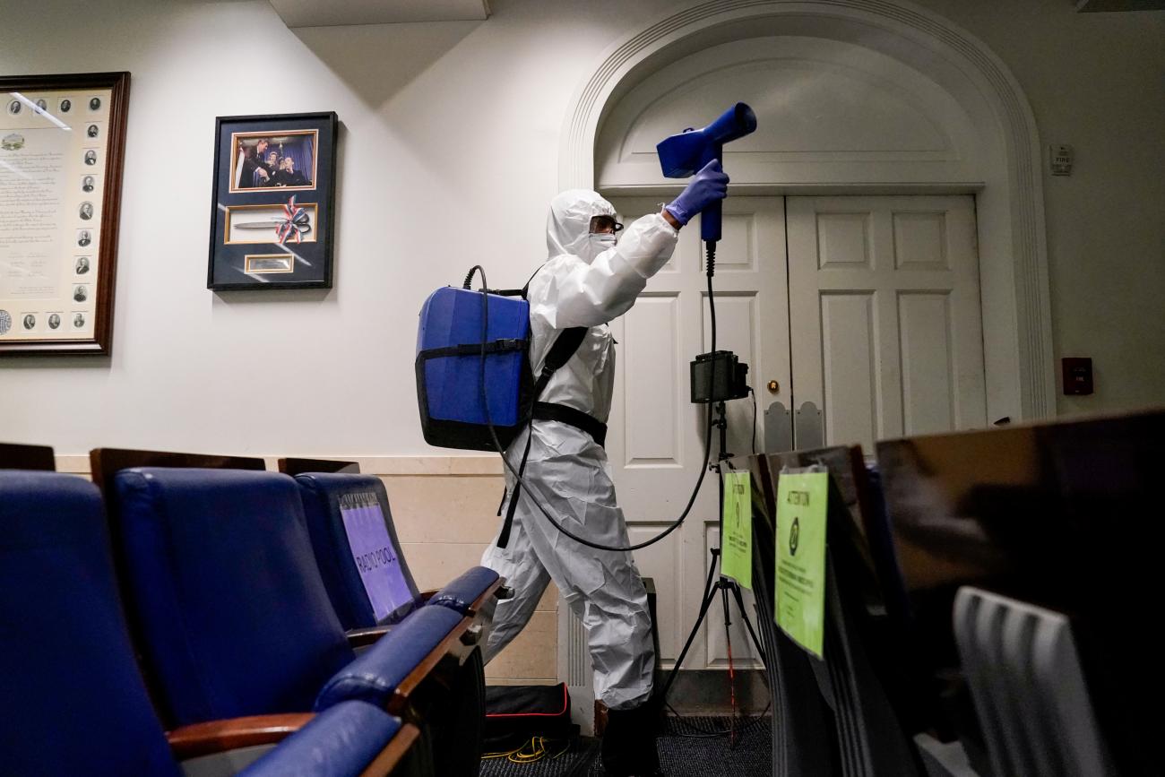 The White House press briefing room is cleaned on the evening U.S. President Donald Trump returns from Walter Reed Medical Center after contracting COVID-19, in Washington, DC, October 5, 2020.
