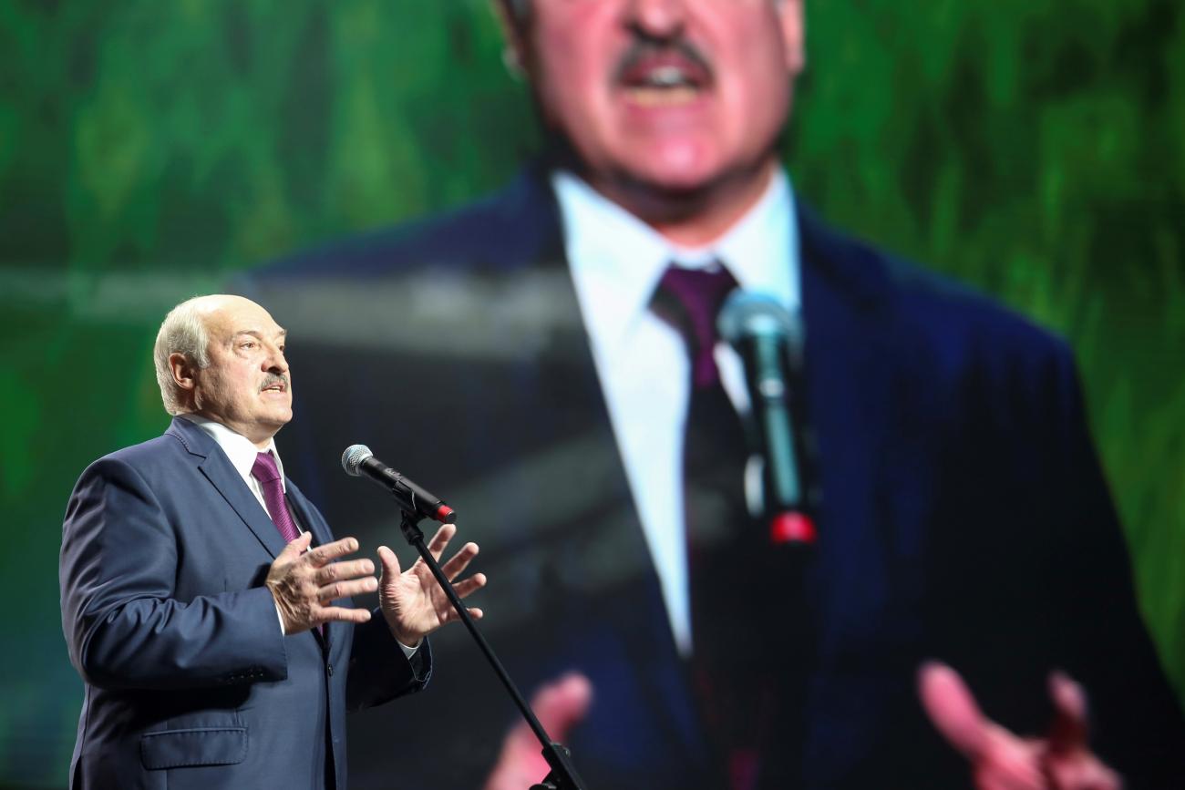  Belarusian President Alexander Lukashenko speaks at an event in Minsk, Belarus, September 17, 2020.