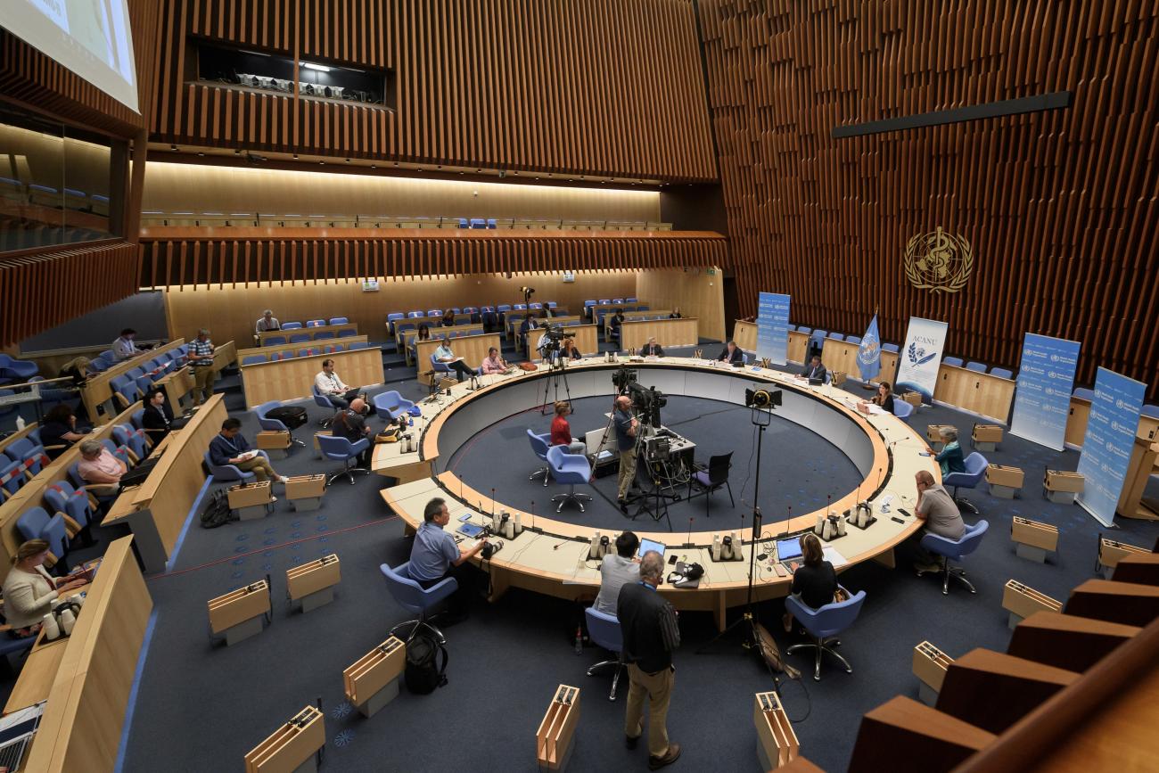 General view during a press conference of the World Health Organization (WHO) organised by the Geneva Association of United Nations Correspondents (ACANU) amid the COVID-19 outbreak, caused by the novel coronavirus, at the WHO headquarters in Geneva Switzerland July 3, 2020. 