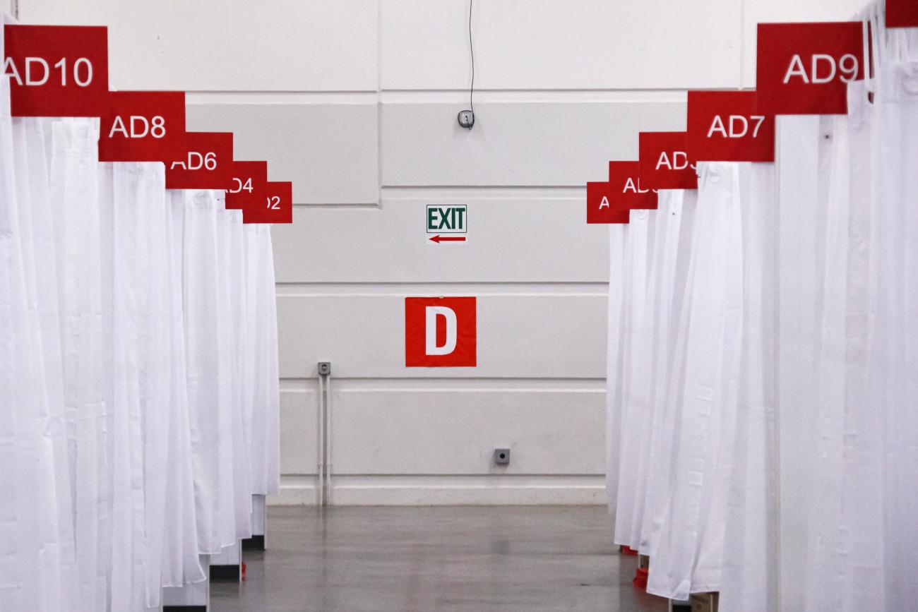 A view shows a patient floor hall of an field hospital known as an Alternate Care Facility set up at the state fair ground as cases of COVID-19 cases spike in Wisconsin on October 12, 2020.