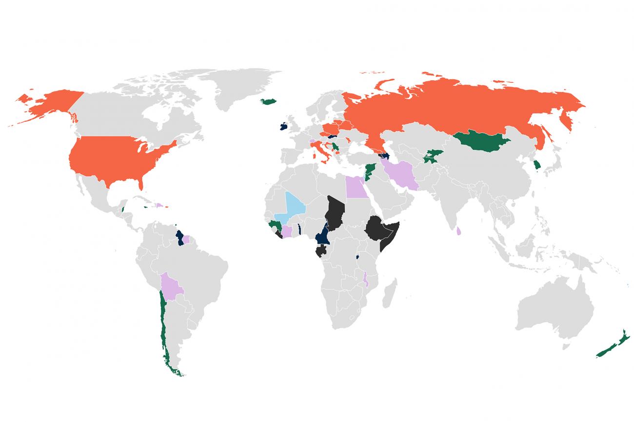 World map shows colors that correspond to the number of health security measures countries took during national elections in 2020.