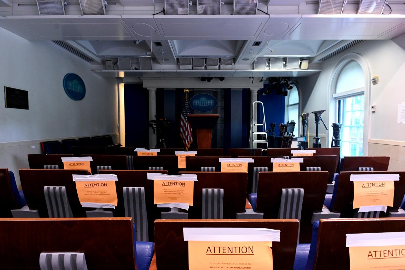 The White House briefing room is dark and empty after the coronavirus task force did not hold a briefing in Washington, U.S., April 25, 2020. 