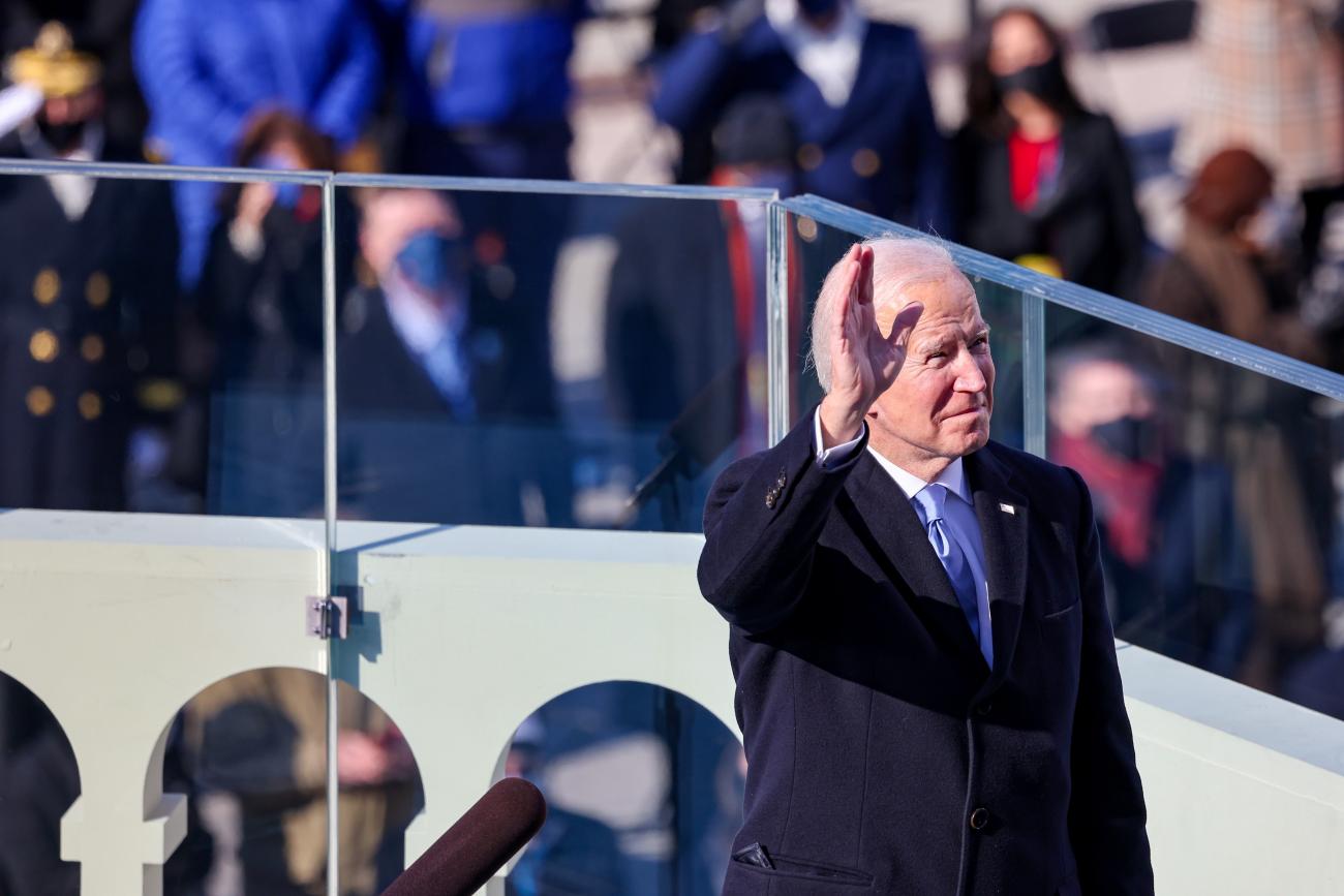 U.S. President Joe Biden waves after being sworn-in as the 46th President of the United States during his inauguration on the West Front of the U.S. Capitol in Washington, DC on  January 20, 2021.