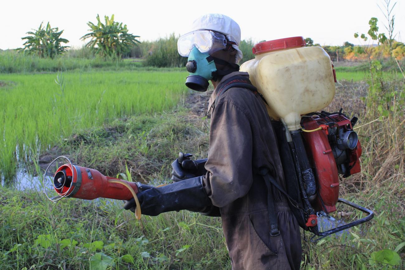 A member of the National Anti-locusts Committee prepares to fumigate locusts in the village of Soatanimbary in the Menabe region of western Madagascar, March 29, 2013.