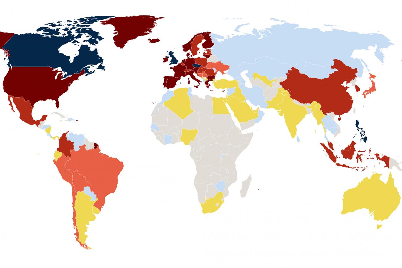 Map of the world shows number of vaccines countries have access to.