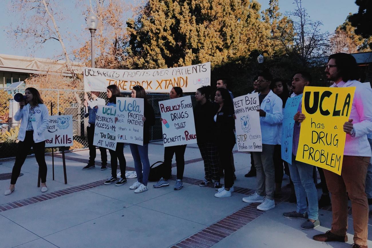 UAEM UCLA students organize outside the Board of Regents meeting on the campus to demand they drop the patent on a life-saving prostate cancer drug.