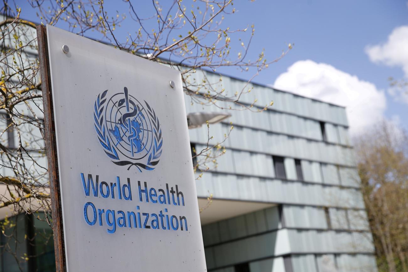 A logo is pictured outside a building of the World Health Organization (WHO) during an executive board meeting on update on the coronavirus disease (COVID-19) outbreak, in Geneva, Switzerland, April 6, 2021