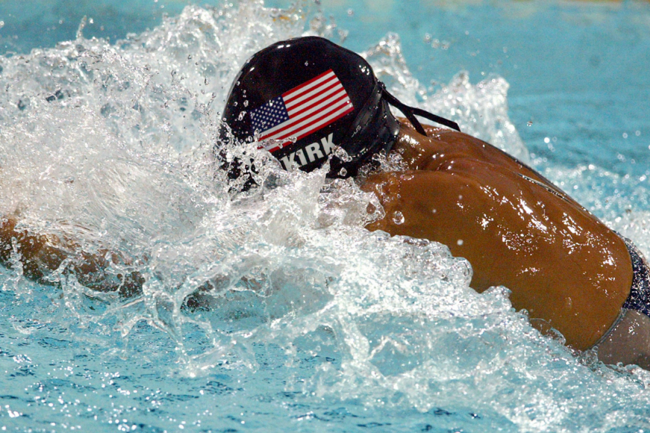 U.S. swimmer Tara Kirk Sells swims breaststroke in the 2004 Summer Olympics, where she earned a silver medal
