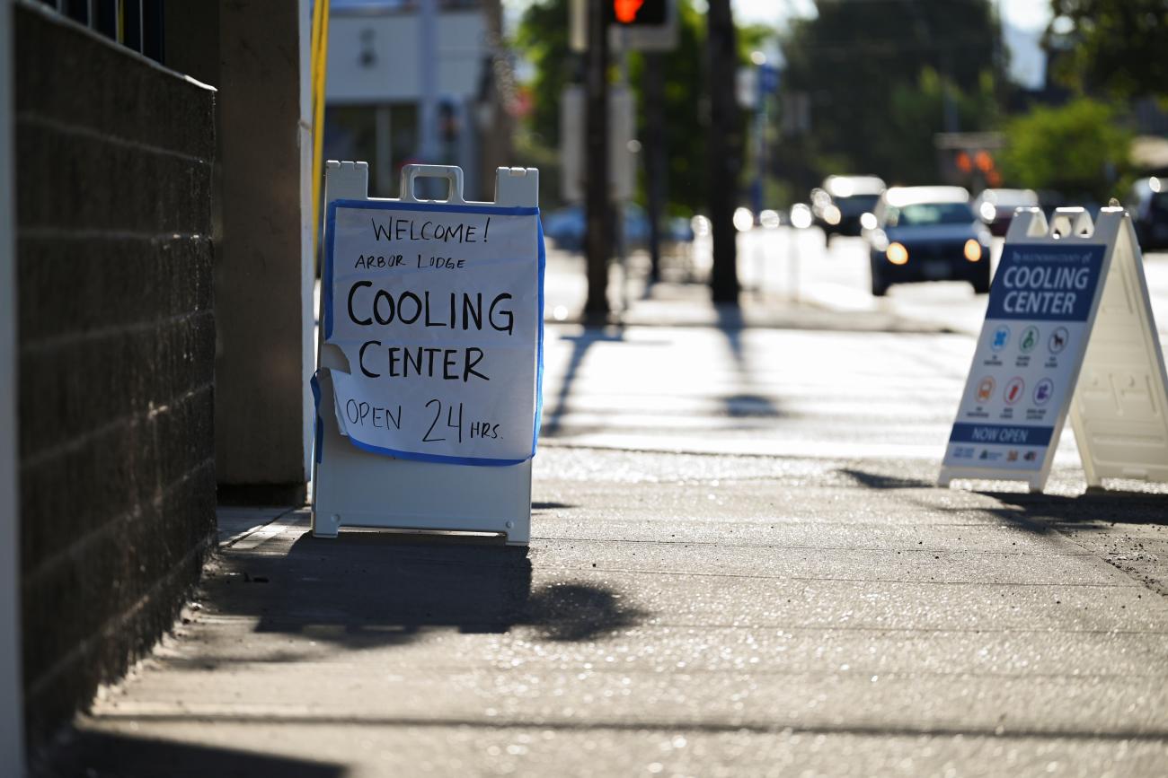 A sign sits outside of a cooling shelter during a heat wave in Portland, Oregon, U.S., August 11, 2021.