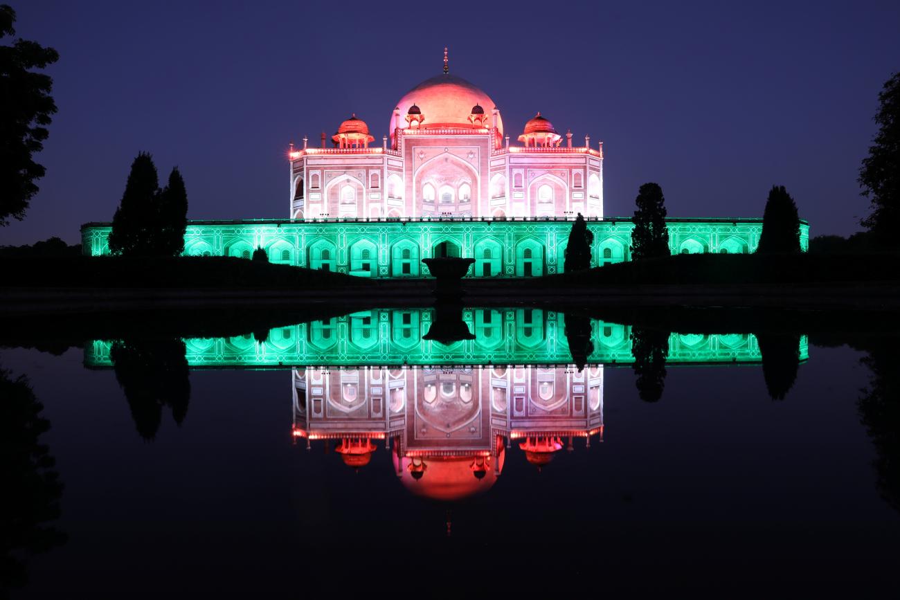 Humayun's Tomb was lit up pink and green to celebrate India’s milestone of administering one billion COVID-19 vaccine doses, in New Delhi, India, on October 21, 2021. 
