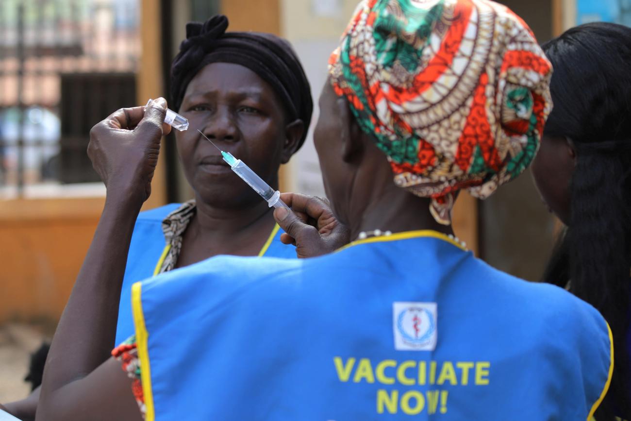 South Sudanese health workers prepare to administer vaccines during a campaign in Juba, South Sudan, on February 4, 2020.