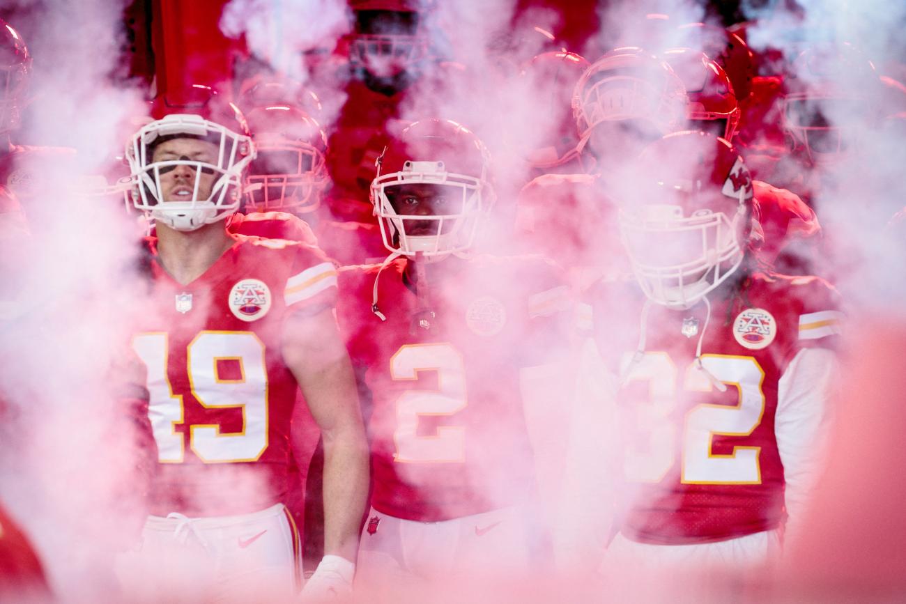 The Kansas City Chiefs come out of the tunnel for the game against the Pittsburgh Steelers at GEHA Field at Arrowhead Stadium, in Kansas City, Missouri, on December 26, 2021. 