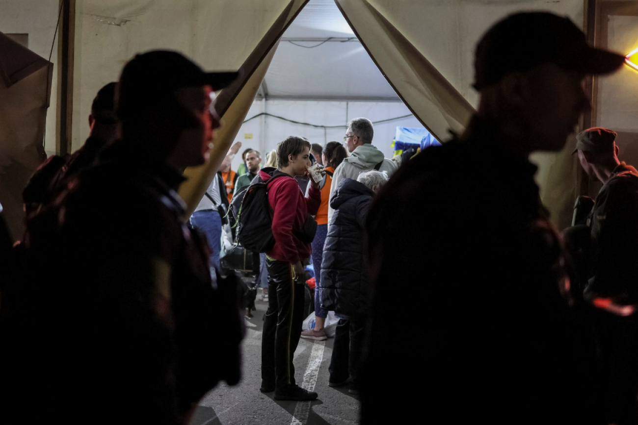 Refugees from the Azovstal steel plant in Mariupol arrive at a registration and humanitarian aid center for internally displaced people amid Russia's ongoing war in Ukraine, in Zaporizhzhia, Ukraine, on May 8, 2022. 