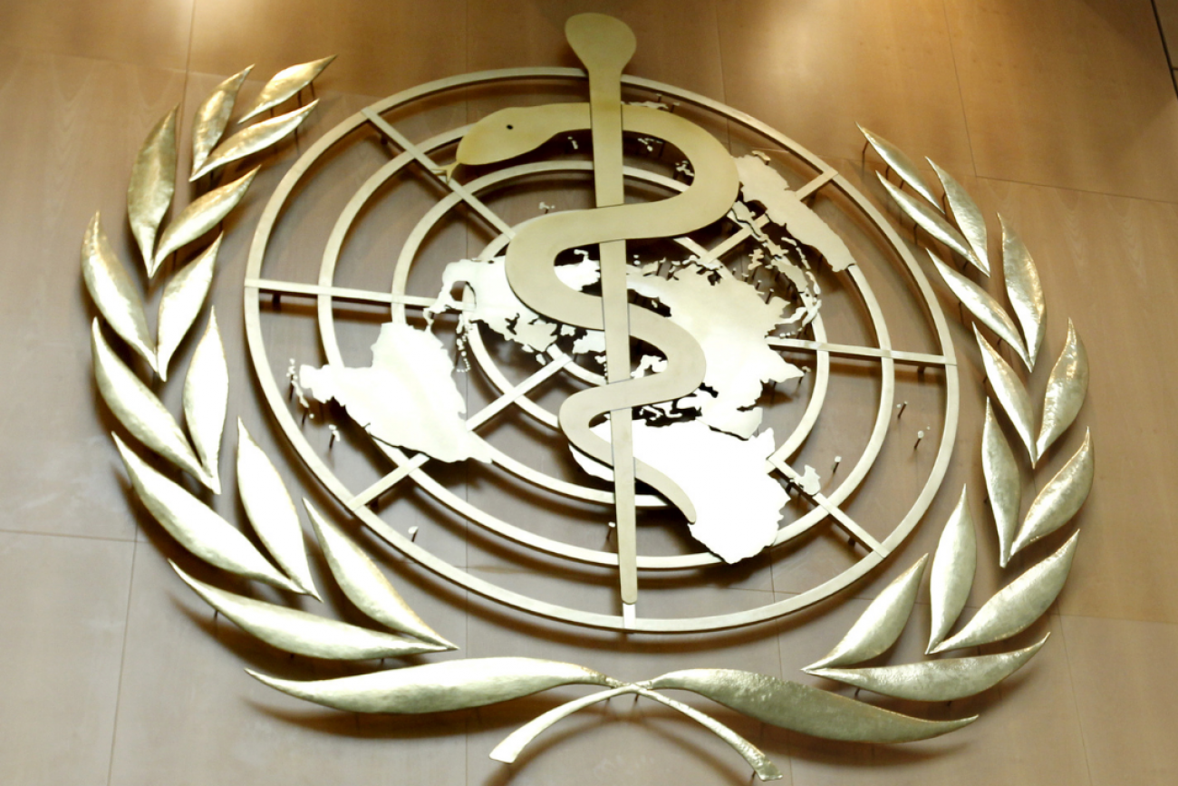 Gold-colored World Health Organization (WHO) logo mounted on a brown paneled wall at the United Nations headquarters, Geneva, Switzerland.