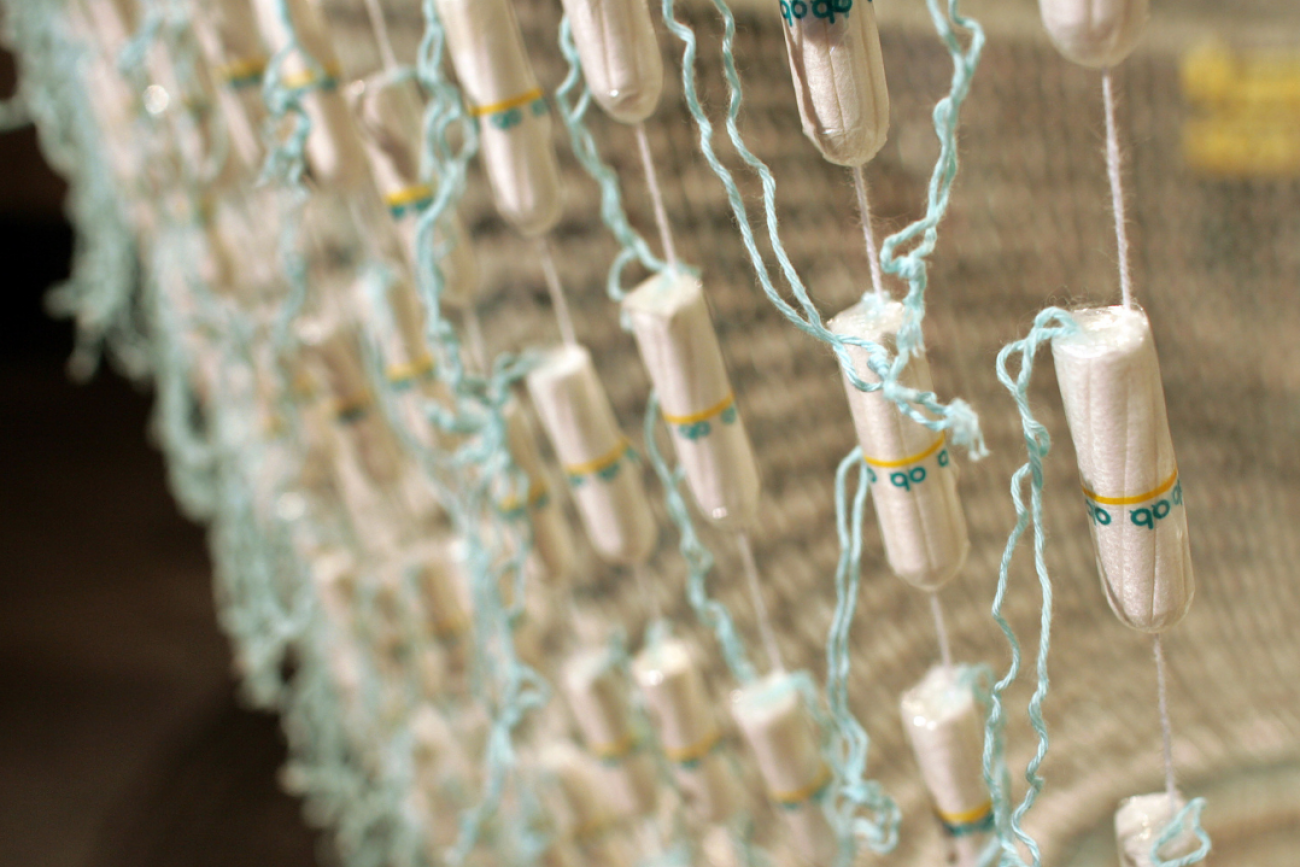 A chandelier made of hundreds of tampons entitled "The Bride" and created by Portuguese artist Joana Vasconcelos.