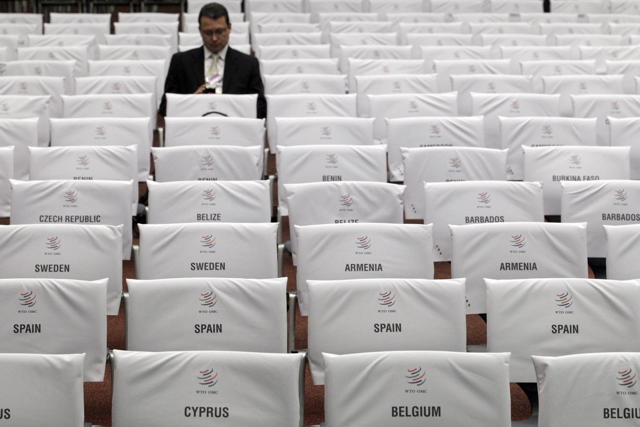 Names of countries taking part to the 8th World Trade Organization Ministerial Conference are pictured taped onto rows of chairs for delegates, in Geneva, Switzerland, on December 15, 2011.
