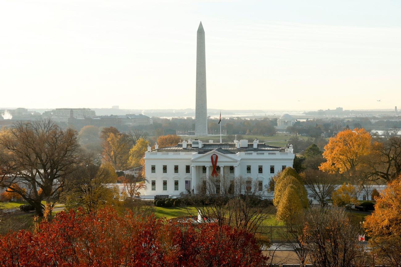 a red ribbon marks World AIDS Day on the North Portico of the White House