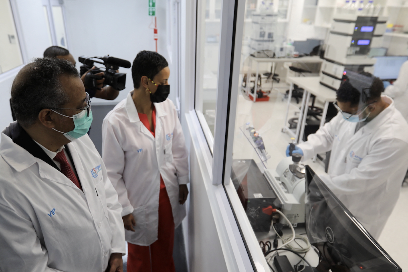 World Health Organization Director-General Tedros Adhanom Ghebreyesus and Belgium's Minister of Development Cooperation Meryame Kitir visit a WHO-backed mRNA vaccine hub, in Cape Town, South Africa, February 11, 2022. REUTERS/Shelley Christians