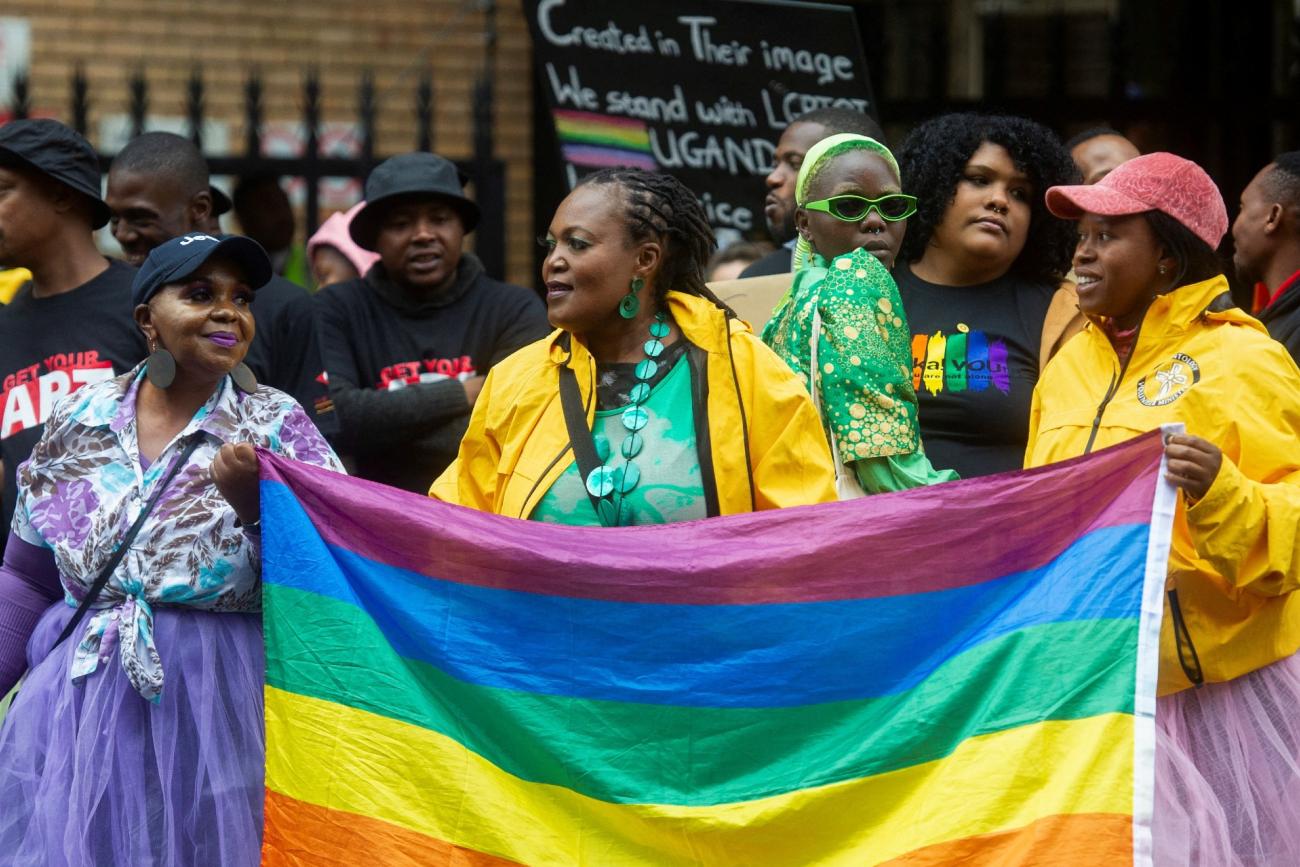 people demonstrate against Uganda's proposed antigay legislation