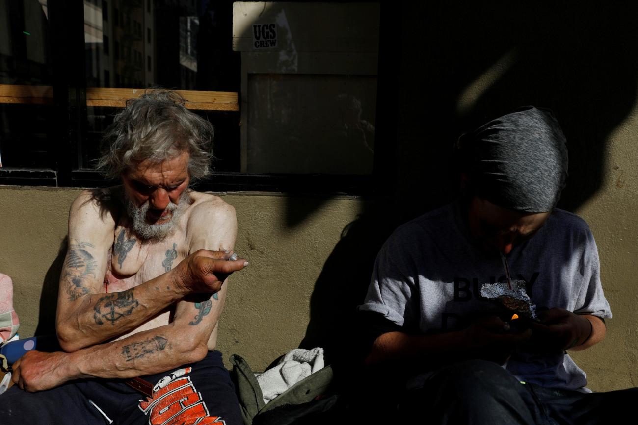 DOCUMENT DATE:  February 28, 2020  Travis Hayes, 65, injects what he says is the synthetic drug fentanyl, across the street from where San Francisco mayor London Breed just held a news conference introducing legislation in curbing the rise of deadly overdoses in the city, at the Tenderloin section of San Francisco, California, U.S., February 27, 2020. 